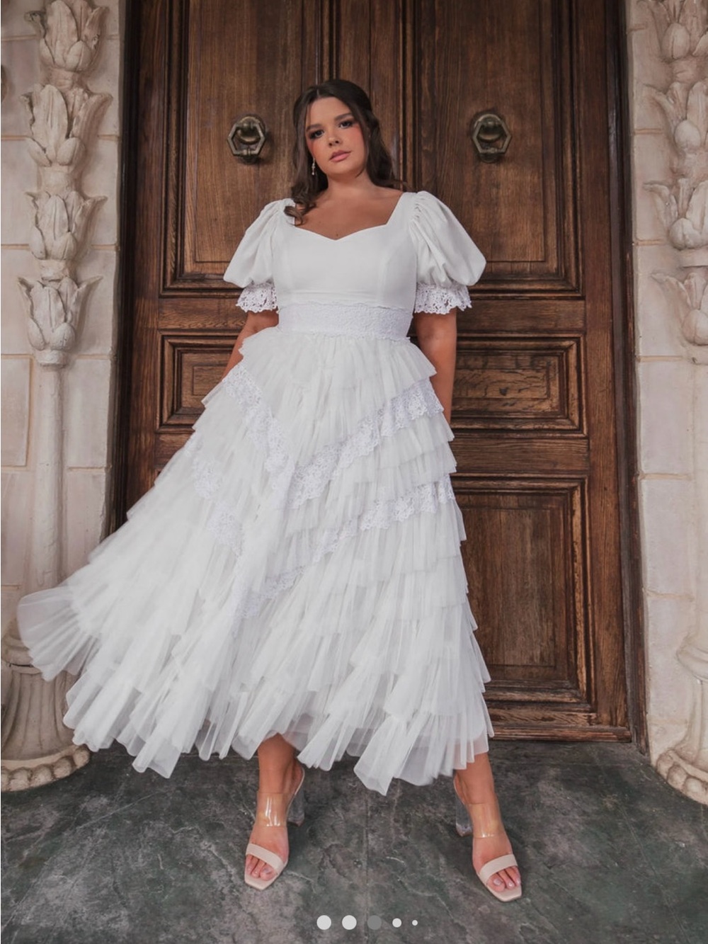 JessaKae Thumbelina White Puff-Sleeve Tiered Tulle Midi Dress 1X